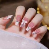 24Pcs Wearable Glitter False Nails with Glue Detachable Full Cover Nail Tips Ballerina Fake Nail Rhinestone Design Press on Nail