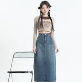 lovefery Retro Denim Skirt For Women Spring And Autumn New Summer Mid Length Slim A-line Split Long Skirt Skirt