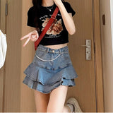 lovefery Lazy Skirt Harajuku Simple And Versatile Trend Women Ins Solid Color New A-type Midskirt High Waist Literary Denim Skirt