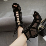 lovefery New Fashion Show Black Net Fabric Cross Strap Sexy High Heel Sandals Woman Shoes Pumps Lace-up Peep Toe Sandals Casual Mesh