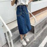 lovefery  New Denim Skirt Women's Spring And Autumn Design Sense Mid-length High Waist Large Size Slim Embroidered Long Skirt