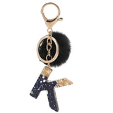 LoveFery - Black Pompom Letter Keychain Glitter Gradient Resin A-Z Initials Alphabet Keyring Pendant Women Handbag Phone Decorative Gift