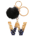 LoveFery - Black Pompom Letter Keychain Glitter Gradient Resin A-Z Initials Alphabet Keyring Pendant Women Handbag Phone Decorative Gift