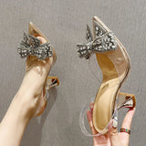 lovefery Fashion Crystal Sequined Bowknot Women Pumps Sexy Pointed Toe High Heels Wedding Prom Shoes Ladies PVC Transparent Sandals