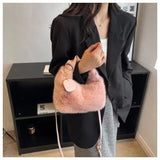 LoveFery - Women Faux Fur Handbags Zipper Small Lady Shoulder Crossbody Bag Casual Tote Half-Moon Hobos Winder