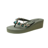 lovefery New Ins Rhinestone Chain Thick-soled Flip-flops Women Wear Beach Holiday Sandals and Slippers with Wedges Outside Summer.