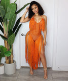 lovefery Knit Rib Tassel Bodysuit Rompers Sexy Fishnet Halter Lace Up V Neck See Through Jumpsuit Women Summer Beach Wear One Piece Dress