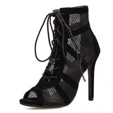 lovefery New Fashion Show Black Net Fabric Cross Strap Sexy High Heel Sandals Woman Shoes Pumps Lace-up Peep Toe Sandals Casual Mesh