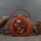 LoveFery -  New Retro Round Women's Genuine Leather Handbags For Ladies Luxury Designer Rabbit Embossed Shoulder Messenger Bags