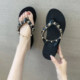 lovefery New Ins Rhinestone Chain Thick-soled Flip-flops Women Wear Beach Holiday Sandals and Slippers with Wedges Outside Summer.