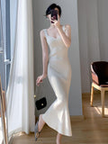 lovefery Korea Summer New Women White Elegant V-neck Knit Slip Long Dress French Black Sexy Club Slim Prom Evening Party Fishtail Dresses