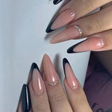 24Pcs French Almond Fake Nails with Rhinestone Wearable Stiletto Acrylic False Nails with Glue White Edge Design Press on Nails