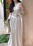 lovefery French White Long Sleeve 2 Piece Set for Women Autumn New Elegant Fashion Short Top High Waist Long Skirt Suit Female Clothing