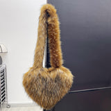 LoveFery - Faux Fur Winter Women Handbags Cute Plush Ladies Heart Shaped Shoulder Bag Cute Female Clutch Purse Love Handbags Messenger Bag