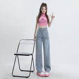 lovefery High End Denim Women's Summer Raw Edge Stitching Design For Lifting Buttocks And Slimming Straight Wash Pants