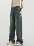 lovefery Vintage Washed Old High Street Side Striped Jeans Women's Loose Wide Leg Slim Pants Women's Jeans