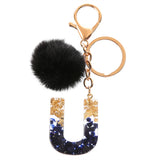 LoveFery - Black Pompom Letter Keychain Glitter Gradient Resin A-Z Initials Alphabet Keyring Pendant Women Handbag Phone Decorative Gift