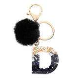 LoveFery - Black Pompom Letter Keychain Glitter Gradient Resin A-Z Initials Alphabet Keyring Pendant Women Handbag Phone Decorative Gift