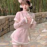 lovefery Snow-Dusted Plum Blossom Warrior Fairycore Princesscore Dress with Gloves and Pants Bottoms Set