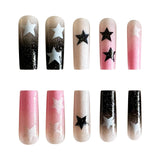 24pcs y2k Fake Nails Black White Star Printed Press on Nail Tips Long Coffin European Artificial Nail Patch for Girl Women