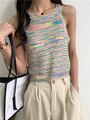 lovefery Colorful Striped Summer Tanks Tops Women Korean Rainbow Sleeveless Shirts Top O-Neck Slim Knitted Top Slim Sexy Streetwear