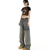 lovefery Hong Kong Style Retro High Waisted Workwear Jeans, Women's Summer New Unique Design, Straight Pocket, Floor Long Pants