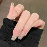 24Pcs Wearable False Nails with Glue Glitter Heart-shaped Rhinestone Design Full Cover Nail Tips Acrylic Fake Nails Press on