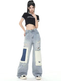 lovefery Design Sense Contrast Color Broken Hole Patch Women's Jeans Women's Summer Crowd High Waist Loose Straight Leg Long Pants