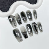 10Pcs Black Handmade Press On Nails Coffin Fake Nails Full Cover Gradient Metal Contrast Artificial Manicure Wearable Nail Tips