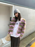 lovefery  Autumn Faux Fure Knitted Cardigan Women Casual Long Sleeve Button Kawaii Clothing Striped Sweater Female Korean Style Tops