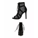 lovefery New Fashion Show Black Net Fabric Cross Strap Sexy High Heel Sandals Woman Shoes Pumps Lace-up Peep Toe Sandals Casual Mesh