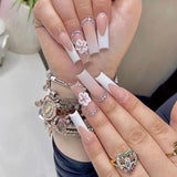 24pcs Long White Coffin False Nail French Cubic Pink Flower Rhinestone Fake Nails Waterproof Removable Press on Nail with Tools