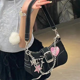 LoveFery - Y2k Cool Shoulder Bag for Women Heart Letter Star Applique Chain Black Handbag Hip Hop Punk High Quality Cute Underarm Bag