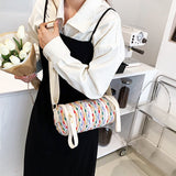 LoveFery - Canvas Bags Summer Fashion Designer Handbags for Women Girl Casual Rainbow Colors Striped Woven Barrel Shaped Shoulder Bags