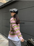 lovefery  Autumn Faux Fure Knitted Cardigan Women Casual Long Sleeve Button Kawaii Clothing Striped Sweater Female Korean Style Tops