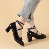 lovefery Black Retro Cross-Tie Pumps Casual  Summer Marry Janes Round Toe Shoes Ladies Lolita Sweet Fashion Shoes Woman Bow Design