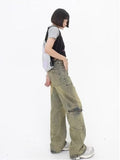 lovefery Vintage Street Deconstructed Design Sense Jeans Yellow Mud Dyed Old Vintage Straight Tube Loose Wide Leg Pants Women's Jeans