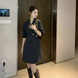 lovefery Korean Chic Solid Short Dresses for Women  Autumn New Fashion Long Sleeve Notched Slim Office Lady A-line Female Clothing