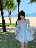 lovefery Long Sleeve Dress Female Blue Sweet A-Line Summer High Waist Vintage Slim Fairy Dress Princess Dress Sundress Beachwear Holiday Fairy Dress