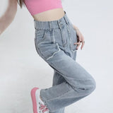 lovefery High End Denim Women's Summer Raw Edge Stitching Design For Lifting Buttocks And Slimming Straight Wash Pants