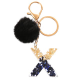 LoveFery - Black Pompom Letter Keychain Glitter Gradient Resin A-Z Initials Alphabet Keyring Pendant Women Handbag Phone Decorative Gift