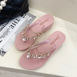 lovefery New Ins Rhinestone Chain Thick-soled Flip-flops Women Wear Beach Holiday Sandals and Slippers with Wedges Outside Summer.