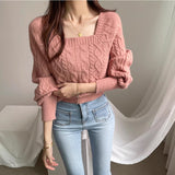 Autumn Raglan Long Sleeve Solid Color Tops Fashion Square Collar Knitted Pullover Casual Chic Slim Sweater Sueter Mujer