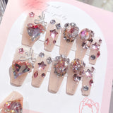 24pcs Bridal Nail Art tips with design press on nails long false nails glue coffin nail tips Rhinestones Glitter stick on nails