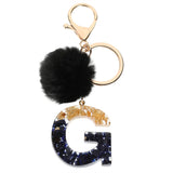 LoveFery - Black Pompom Letter Keychain Glitter Gradient Resin A-Z Initials Alphabet Keyring Pendant Women Handbag Phone Decorative Gift