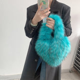 LoveFery - Faux Fur Winter Women Handbags Cute Plush Ladies Heart Shaped Shoulder Bag Cute Female Clutch Purse Love Handbags Messenger Bag