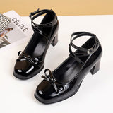 lovefery Black Retro Cross-Tie Pumps Casual  Summer Marry Janes Round Toe Shoes Ladies Lolita Sweet Fashion Shoes Woman Bow Design