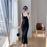 lovefery Korea Summer New Women White Elegant V-neck Knit Slip Long Dress French Black Sexy Club Slim Prom Evening Party Fishtail Dresses