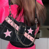 LoveFery - Japanese Fashion Cool Dark Harajuku Style Denim Bag Pink Star Metal Chain Women's Bag Underarm Bag Tote Bag Purses Handbags