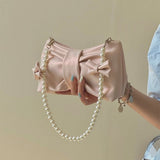 LoveFery - Girly Pearl Bow Cute Underarm Bag Fairy Women's Small Pink Shoulder Bag Soft PU Leather Female Pearlescent Clutch Purse Handbags